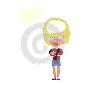 cartoon woman with folded arms imagining with speech bubble