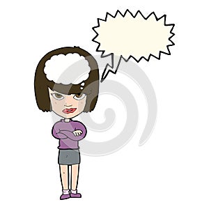 cartoon woman with folded arms imagining with speech bubble