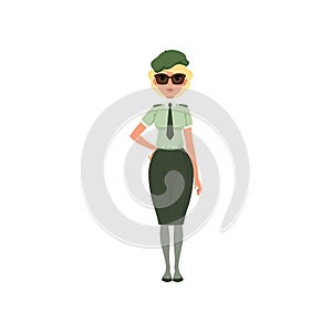 Cartoon woman in formal military dress: green shirt, tie, skirt, beret and sunglasses. Young girl in army officer