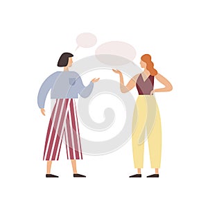 Cartoon woman friend talking with speech bubbles vector flat illustration. Two people communication each other isolated