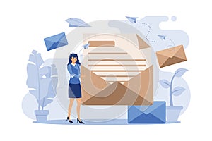 Cartoon woman holding huge envelope with letter flat vector illustration. Working process, new email message, office paper and