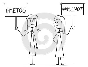 Cartoon of Woman Holding Me Too Sign and Another Woman Holding Me Not Sign
