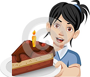 Cartoon woman holding a slice of birthday cake