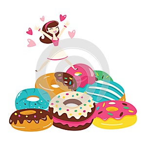 Cartoon Woman Jumping At A Pile of Cute Donuts