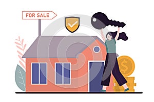 Cartoon woman with key buying house. Concept of business mortgage payment. House loan or money investment to real estate
