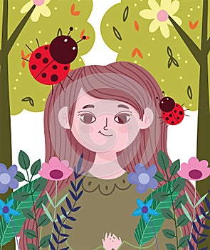 cartoon woman with ladybug flowers tree nature foliage spring