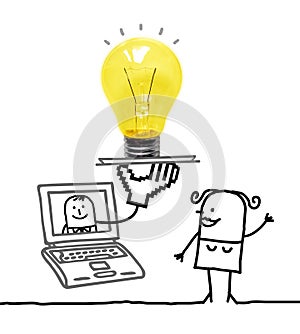 Cartoon woman with Laptop and big Light bulb