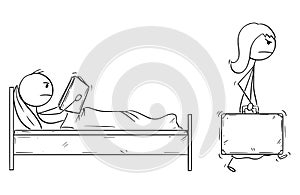 Cartoon of Woman Leaving Home and Husband With Suitcase While Man is Reading Book in Bed