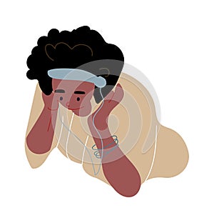 Cartoon woman listen music. Dancing female portrait character with headphones. Girl singing song leisure time