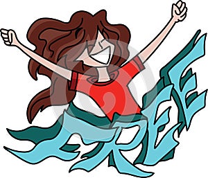 Cartoon woman with long hair standing behind a free text with her arms wide open, feeling happy, vector