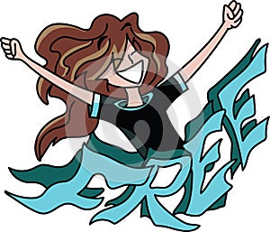 Cartoon woman with long hair standing behind a free text with her arms wide open, feeling happy, vector