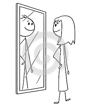 Cartoon of Woman Looking at Herself in the Mirror but Seeing Man Inside photo
