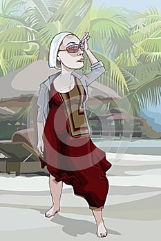 Cartoon woman looking languidly into the distance in the tropics