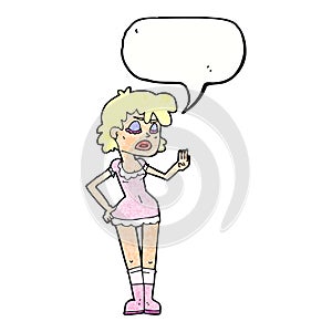 cartoon woman making dismissive gesture with speech bubble