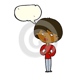cartoon woman making Who Me? gesture with speech bubble