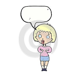 cartoon woman making Who Me? gesture with speech bubble