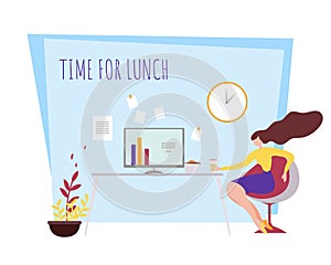 Cartoon Woman Office Worker Break Time for Lunch