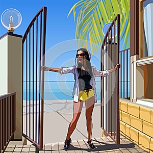 Cartoon woman opens the gate on a tropical beach