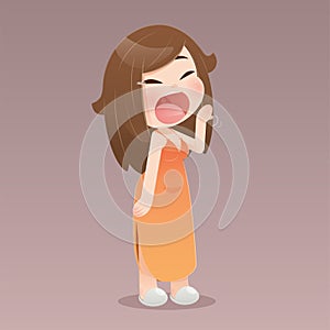 Cartoon woman in a orange nightwear stand and yawning photo