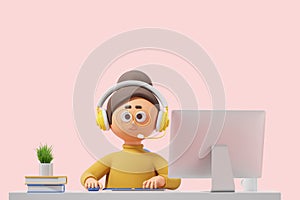 Cartoon woman with pc desktop, working in call center on empty background