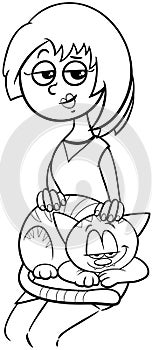 Cartoon woman petting a cat on her lap coloring page