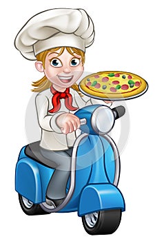 Cartoon Woman Pizza Chef on Moped Scooter