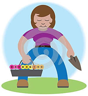 Cartoon Woman Planting Flowers