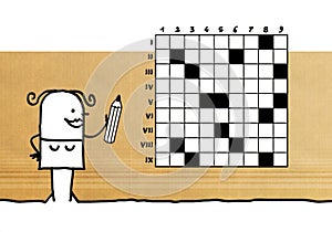 Cartoon woman playing with crosswords