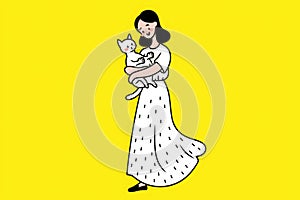 Cartoon of a woman in a polka-dot dress lovingly holding a cat against a yellow backdrop, expressing care and tenderness