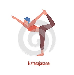 Cartoon woman practicing yoga exercise Lord of dance isolated on white background. Yogini girl showing natarajasana pose