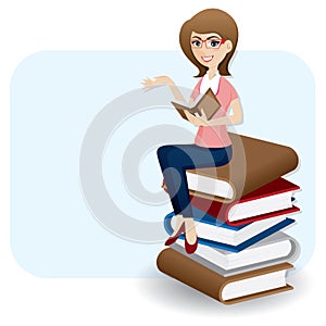 Cartoon woman reading book on stack of book