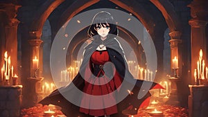 cartoon woman in red dress anime _ A mysterious young woman with short black hair and green eyes, wearing a red dress