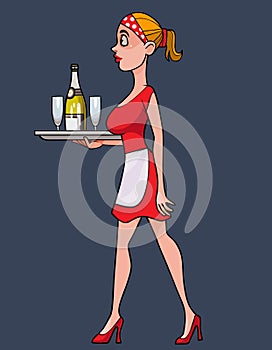 Cartoon woman in red waitress clothes steps with tray in hand