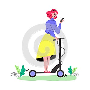 Cartoon woman riding electric scooter and looking at mobile phone screen