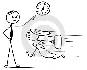 Cartoon of Woman Running Late for Work and his Boss Pointing at