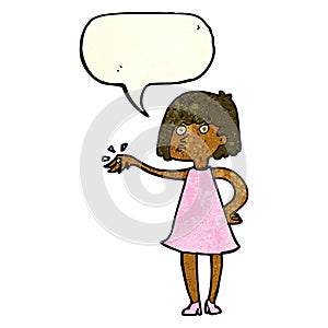 cartoon woman showing off engagement ring with speech bubble