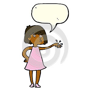 cartoon woman showing off engagement ring with speech bubble