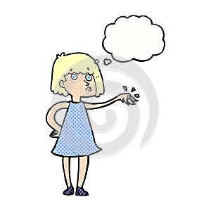 cartoon woman showing off engagement ring with thought bubble