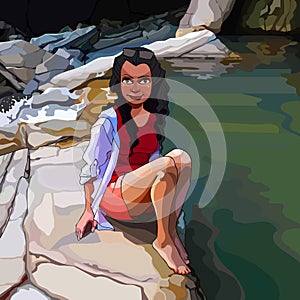 Cartoon woman sitting on a rock by the river in the tropics