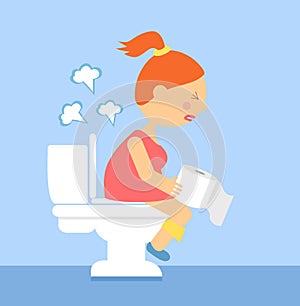 Cartoon woman is sitting on the toilet. urinary bladder problem or or sickness concept. stomach-ache woman