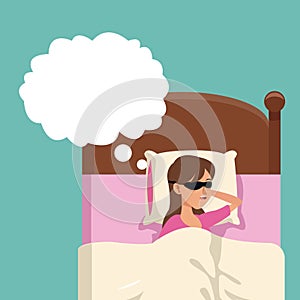 Cartoon woman sleeping wearing eye mask in bed