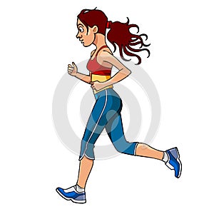 Cartoon woman in sportswear running, side view