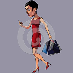 Cartoon woman stares at the phone on the go
