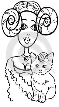 Cartoon woman stroking a cat on her lap coloring page