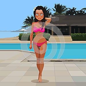 Cartoon woman in swimsuit standing by the pool in the tropics