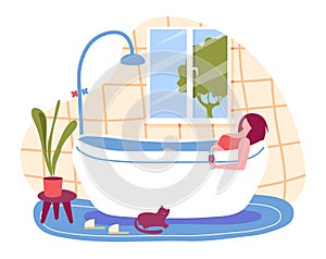 Cartoon woman taking bath. Young female character enjoying free time, drinking cocktail. Beauty treatment