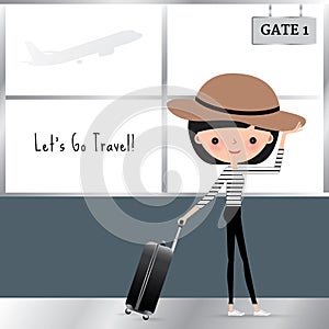 Cartoon Woman travelling with a luggage Bag