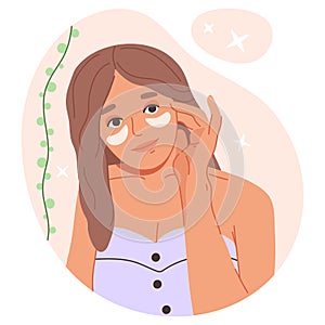 Cartoon woman use eye patches, beauty skin care routine. Female character take care of skin, girl wearing moisturising patches