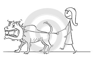 Cartoon of Woman Walking With Beast Monster Dangerous Big Dog on a Leash