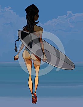 Cartoon woman walking towards the sea at dusk with surfboard